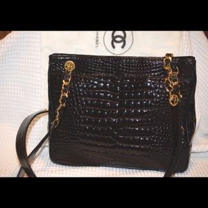 CHANEL Vintage Exotic Alligator Black Patent Leather Tote